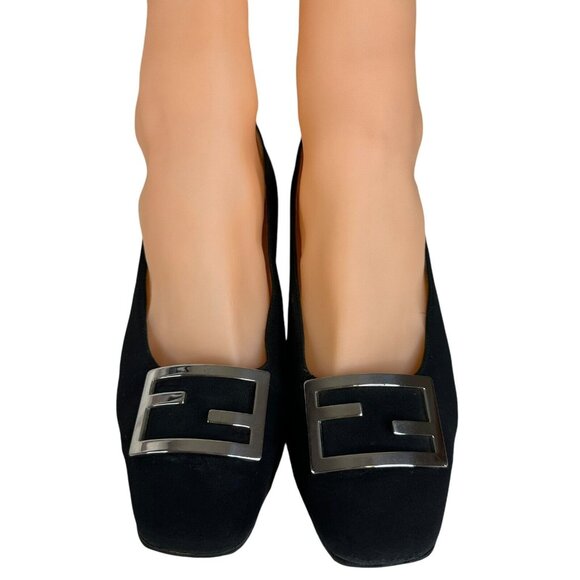 Vintage Fendi Scarpe Logo Shoes Pump Fabric Square Heel Black Size US 4 EU 35 - Picture 1 of 16